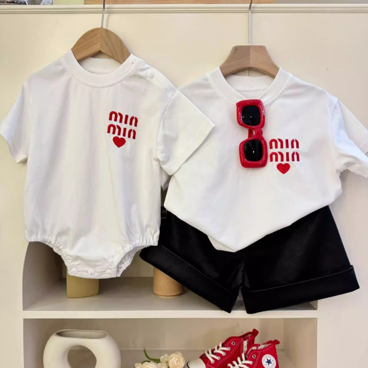 親子ペアルック MINハート Tシャツ・ロンパース