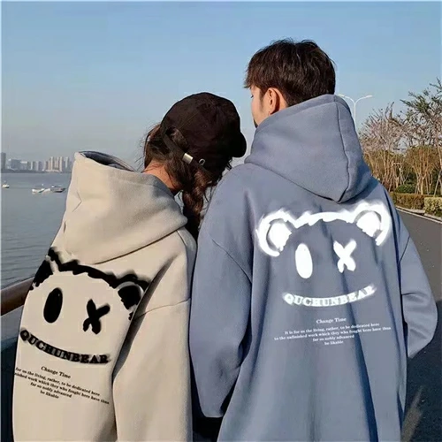 カップルペアルック キュートアイ ベアプリントパーカー