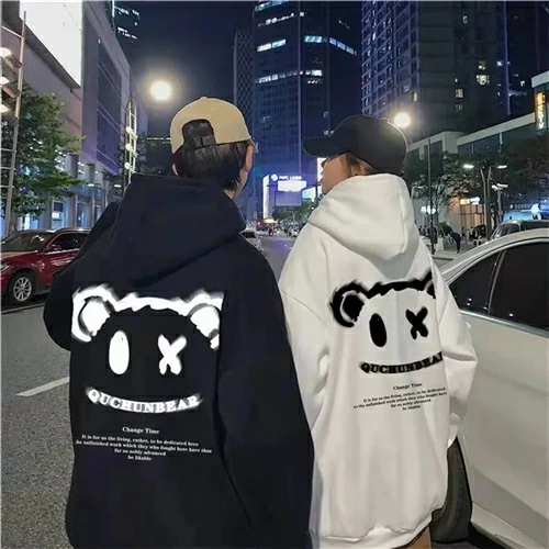 カップルペアルック キュートアイ ベアプリントパーカー