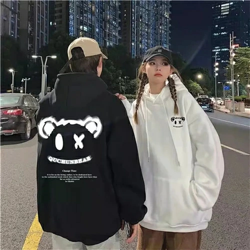 カップルペアルック キュートアイ ベアプリントパーカー