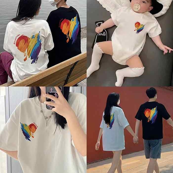 親子ペアルック レインボーペイントハートTシャツ