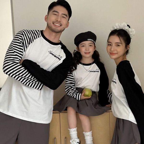 親子ペアルック パンダ ボーダー 長袖Tシャツ ファミリーお揃いカジュアル