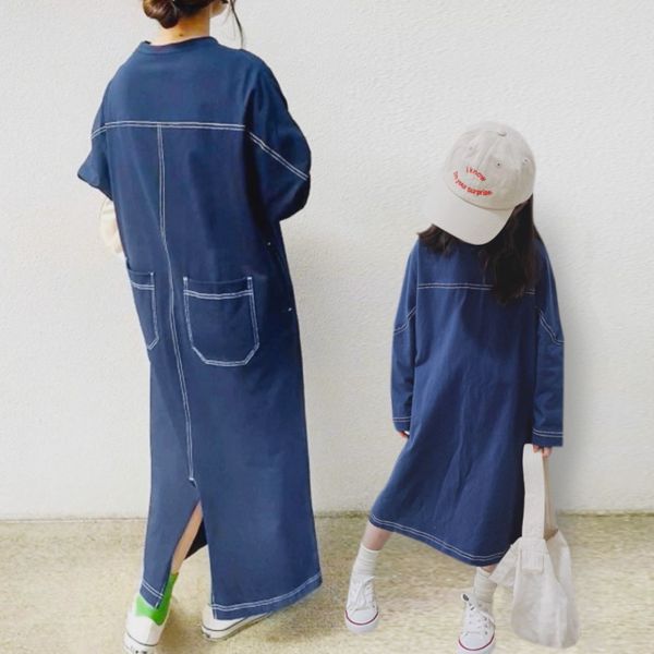 親子ペアルック コットン長袖ワンピース ロング丈 シンプル ゆったりサイズ 母娘ペア