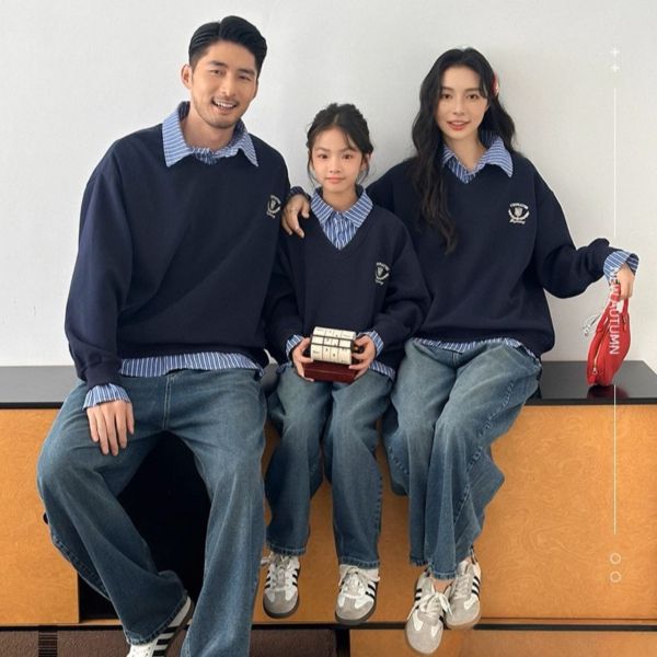 親子ペアルック シャツ襟付き トレーナー スウェット 重ね着風デザイン