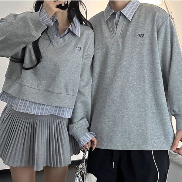 カップルペアルック 韓国風フェイクレイヤード 配色切替スウェット
