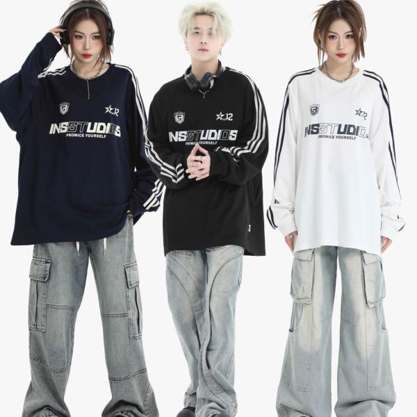 カップルペアルック INSstudios 長袖Tシャツ ロゴ入り ヘビーコットン ユニセックス
