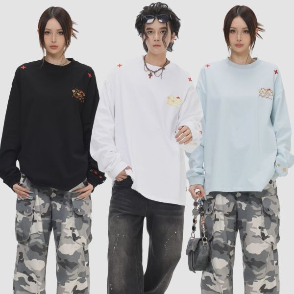 カップルペアルック INSstudios 長袖Tシャツ ロゴ刺繍 ユニセックス