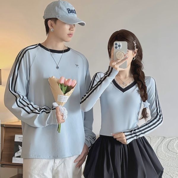 カップルペアルック 長袖Tシャツ Vネック レースデザイン ライン入り アイスブルー