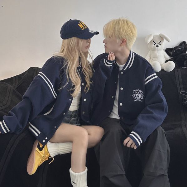 カップルペアルック ネイビー カジュアルジャケット エンブレム風デザイン ユニセックス