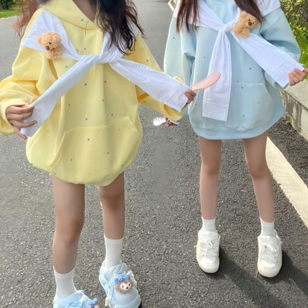 双子コーデ ドット柄 ミニベア付きパーカー ゆったりシルエット