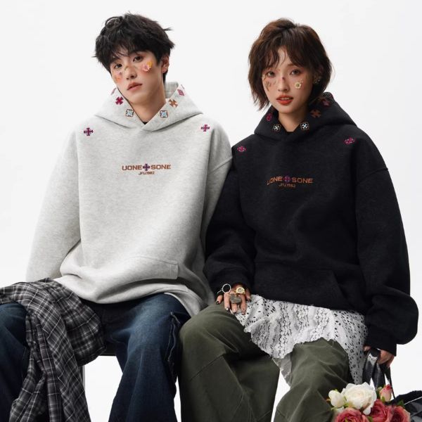 カップルペアルック クロス刺繍ロゴ フーディパーカー ユニセックス