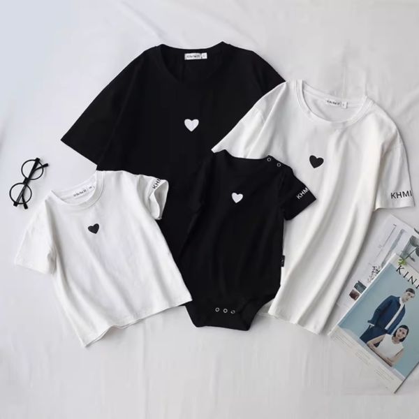 親子ペアルック モノトーンハート Tシャツ・ロンパース