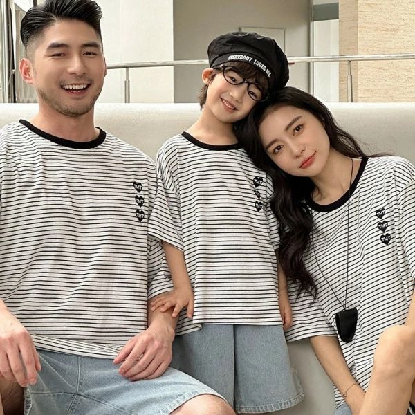 親子ペアルック 3連ハート×細ボーダー Tシャツ