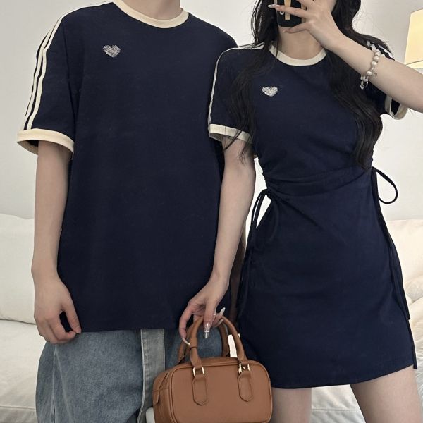 カップルペアルック クラシックネイビー ハートライン Tシャツ・ワンピース