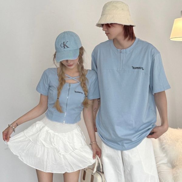 カップルペアルック ライトブルーリンク ハーフジップTシャツ