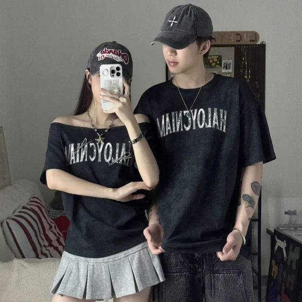 カップルペアルック ヴィンテージムード オフショル×ゆるシルエットTシャツ