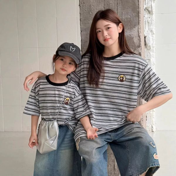 親子ペアルック くまさんワッペンのリラックスボーダーTシャツ