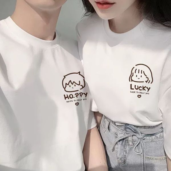 【2点セット】カップルペアルック LUCKY & HAPPY ゆるかわTシャツ