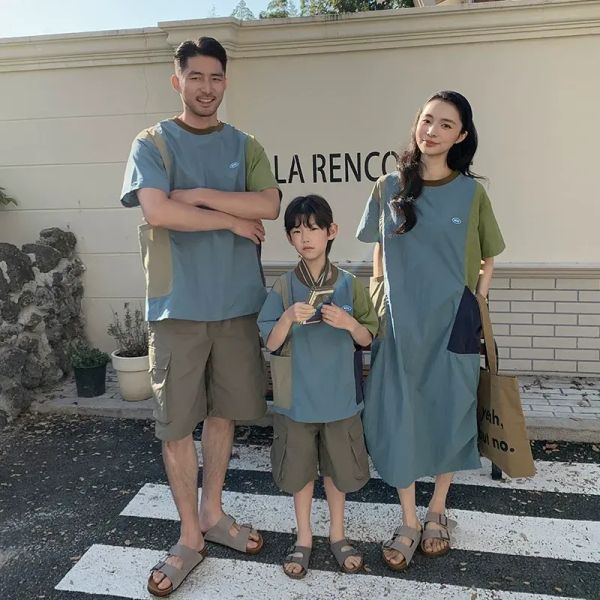 親子ペアルック 速乾 カラーブロック 半袖Tシャツ ワンピース