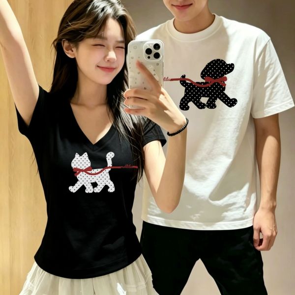 【2点セット】カップルペアルック ドットアニマル お散歩Tシャツ