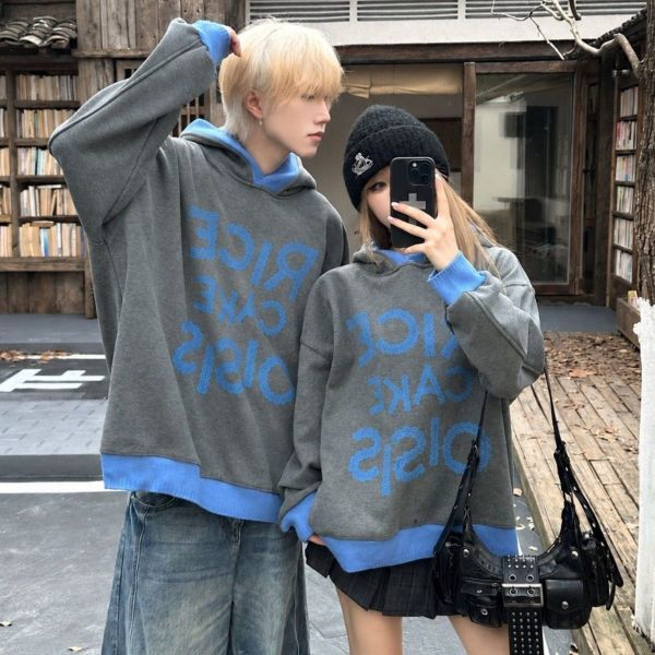 カップルペアルック チャコール×ブルー アメカジ風スウェットパーカー