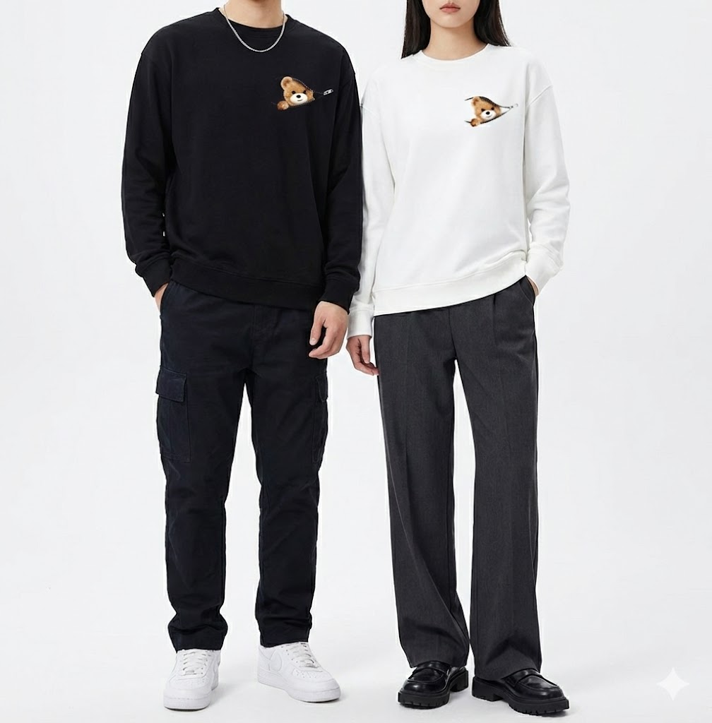 カップルペアルック ジップから覗くスマイルベアトレーナー ユニセックス