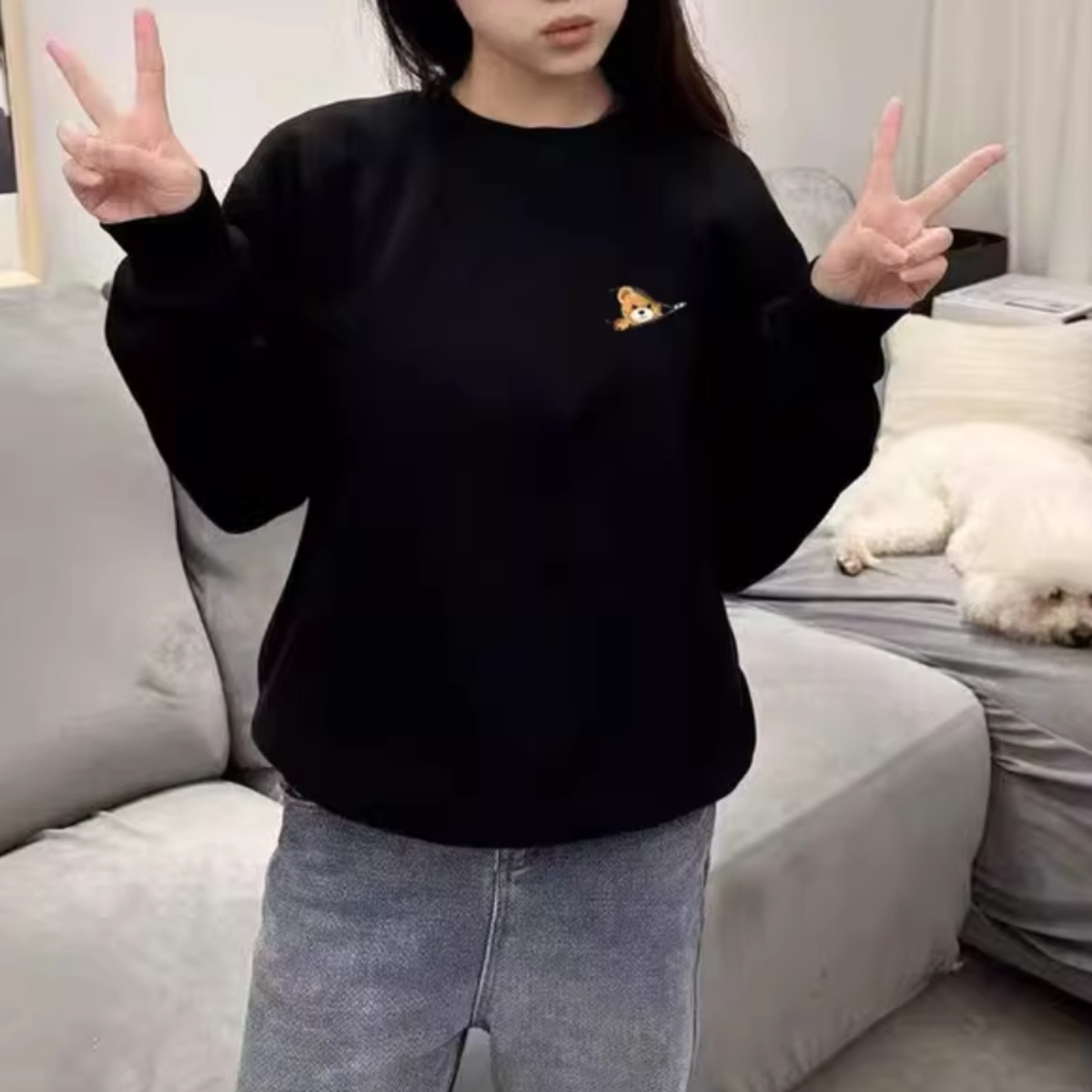 カップルペアルック ジップから覗くスマイルベアトレーナー ユニセックス