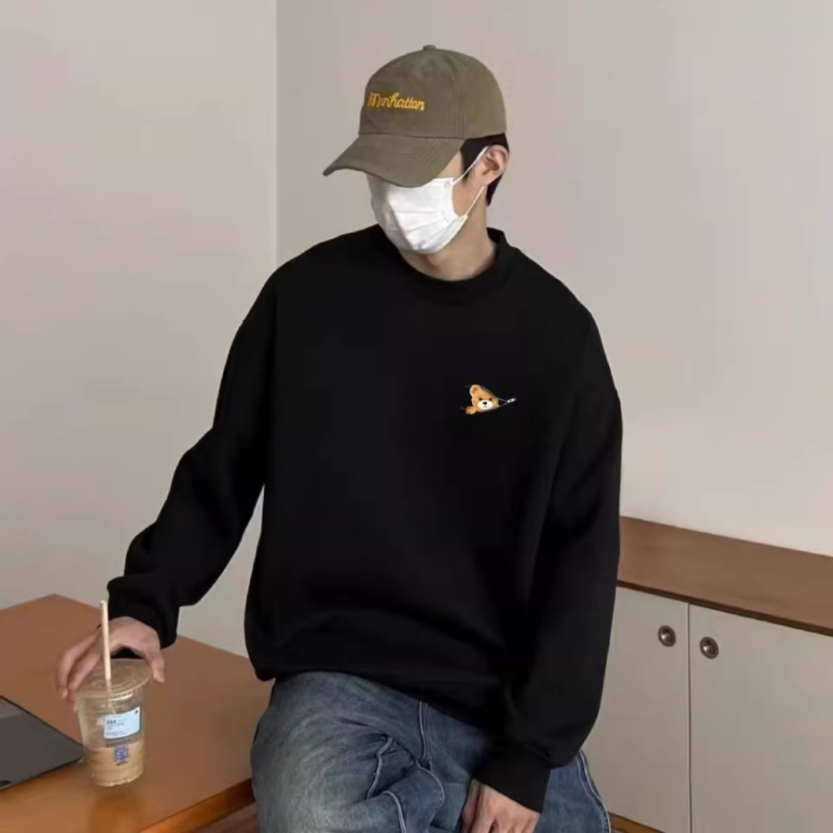 カップルペアルック ジップから覗くスマイルベアトレーナー ユニセックス