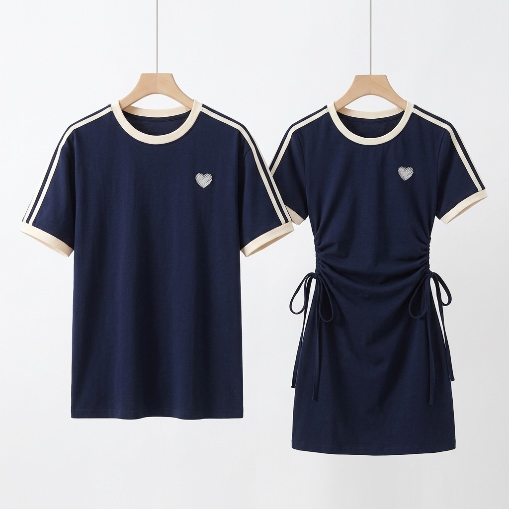 カップルペアルック クラシックネイビー ハートライン Tシャツ・ワンピース
