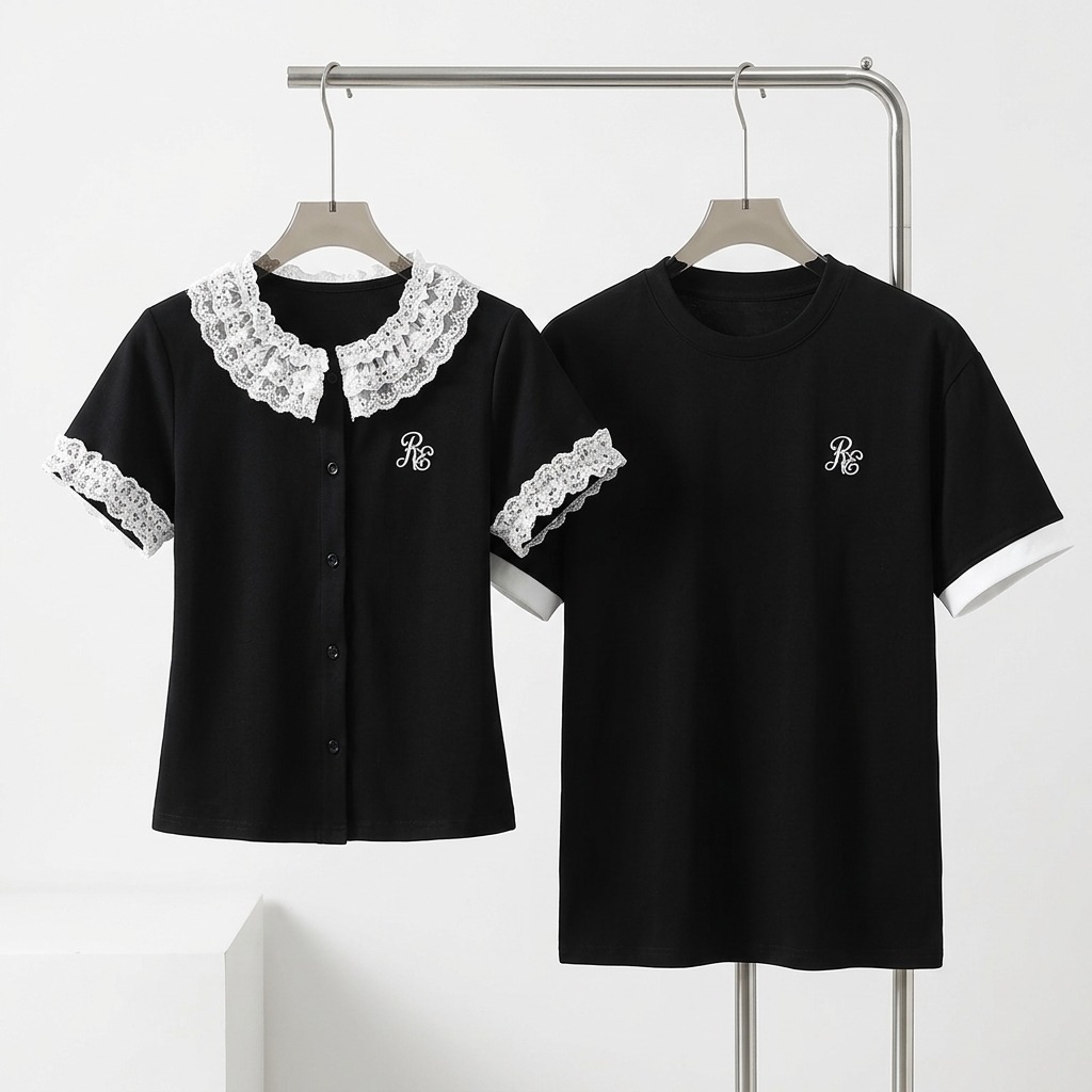 カップルペアルック フレンチレトロ レース襟トップス＆モノトーン配色Tシャツ 
