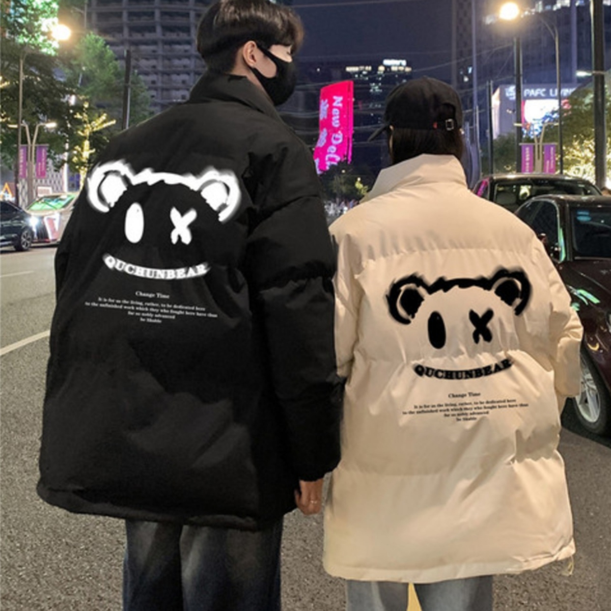 カップルペアルック キュートアイベア 中綿ロングコート