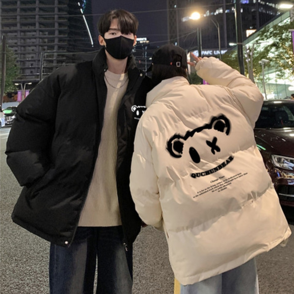 カップルペアルック キュートアイベア 中綿ロングコート