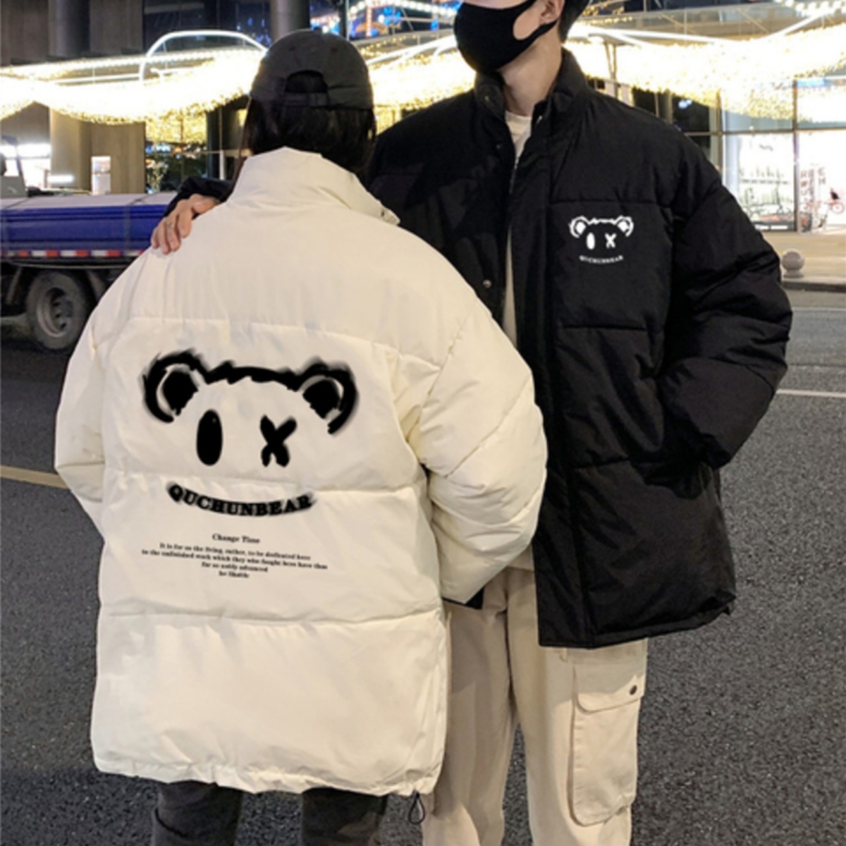 カップルペアルック キュートアイベア 中綿ロングコート