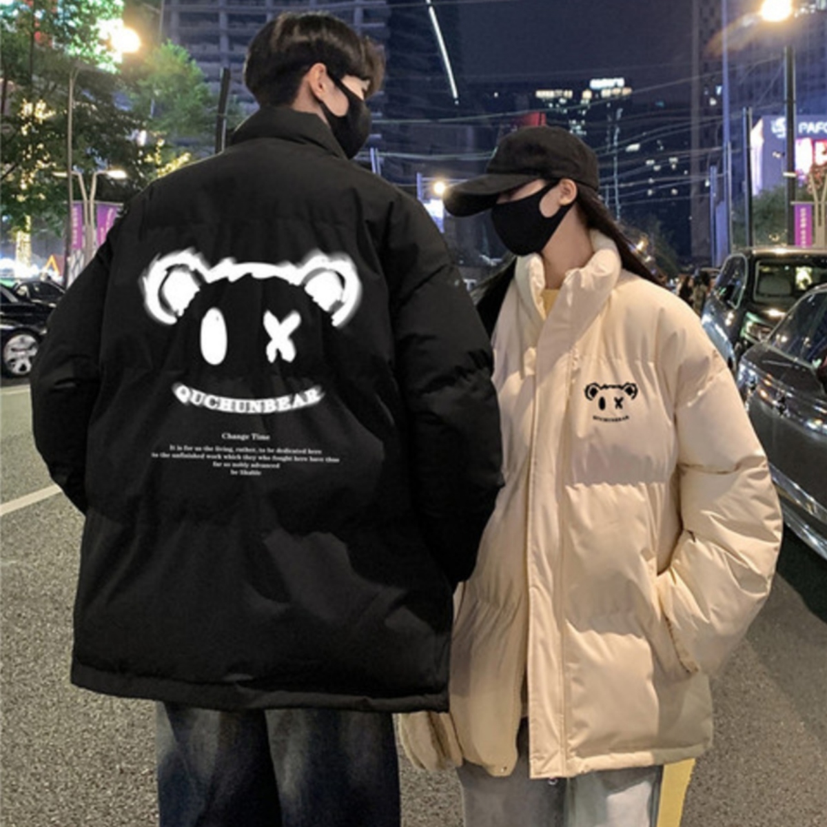 カップルペアルック キュートアイベア 中綿ロングコート