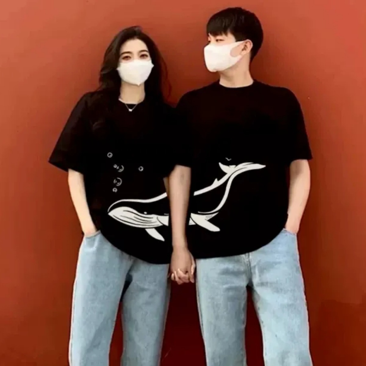 【2点セット】カップルペアルック つながるクジラTシャツ