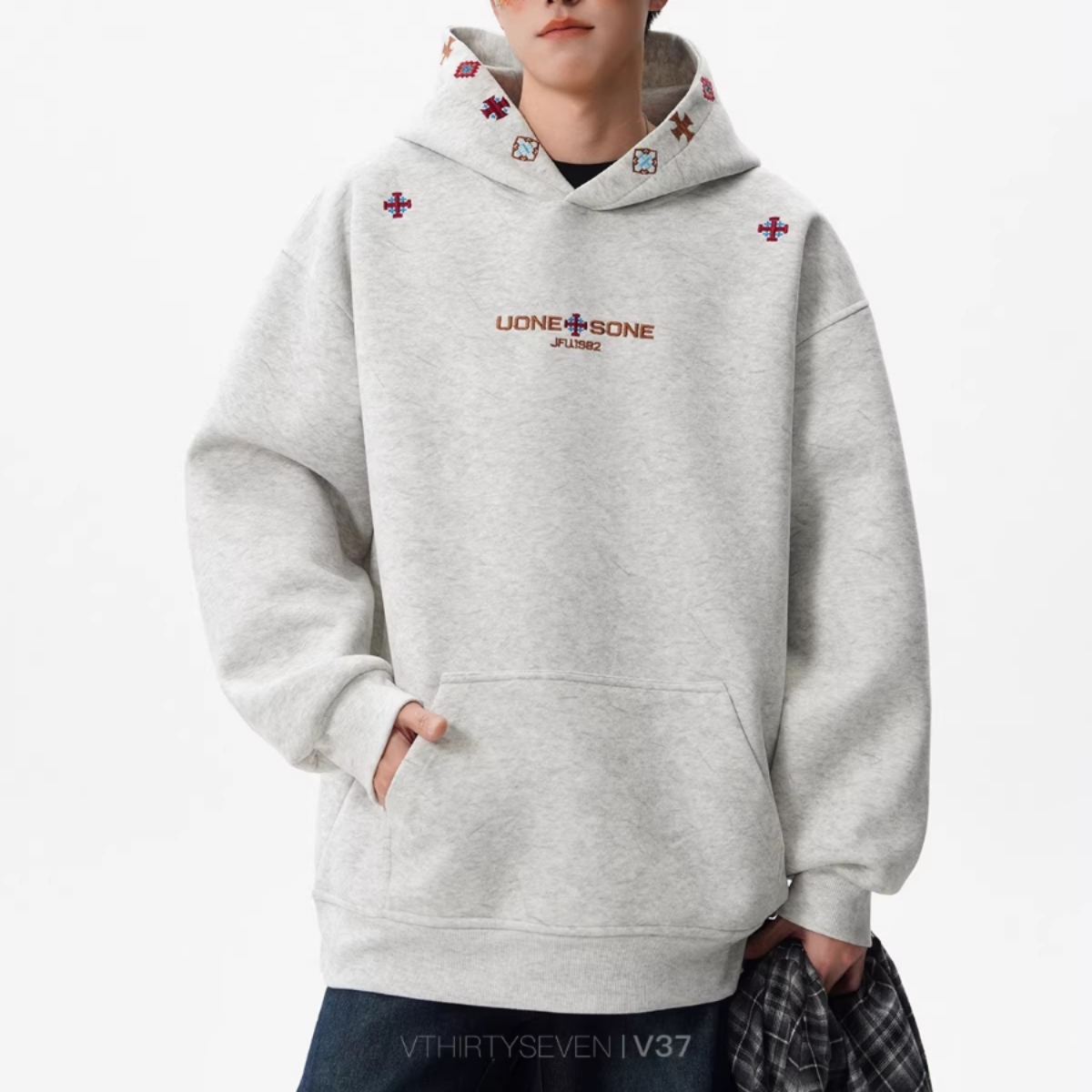 カップルペアルック クロス刺繍ロゴ フーディパーカー ユニセックス