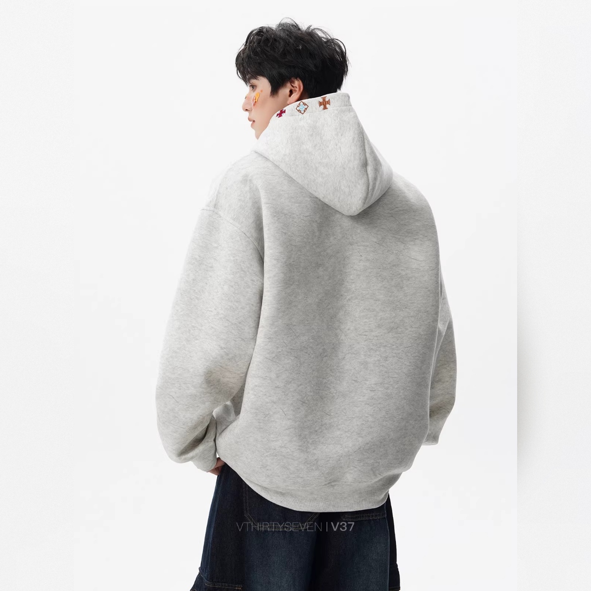 カップルペアルック クロス刺繍ロゴ フーディパーカー ユニセックス