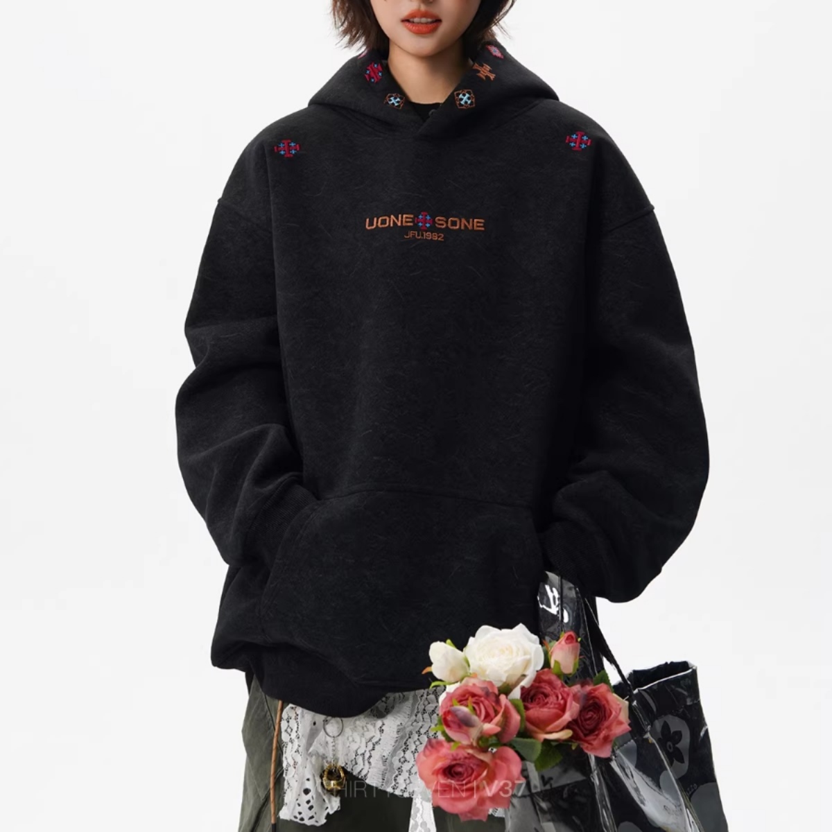 カップルペアルック クロス刺繍ロゴ フーディパーカー ユニセックス