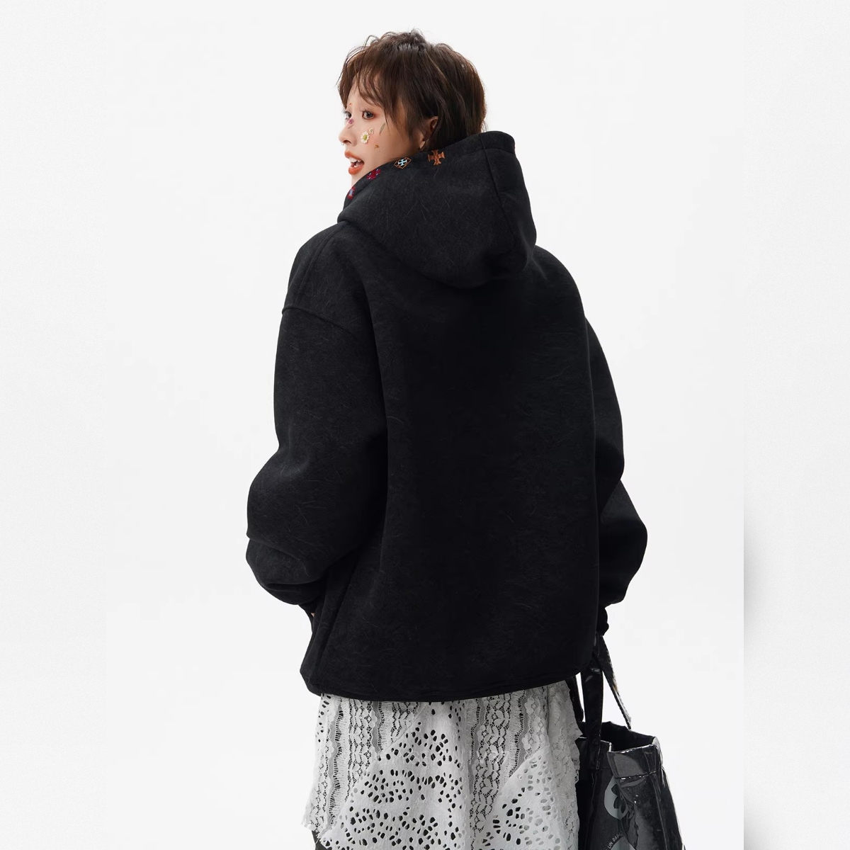 カップルペアルック クロス刺繍ロゴ フーディパーカー ユニセックス