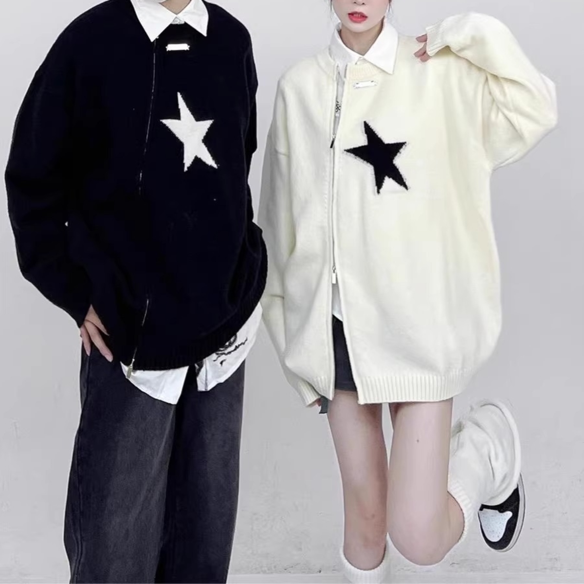 カップルペアルック アシンメトリー スターニットカーディガン ユニセックス