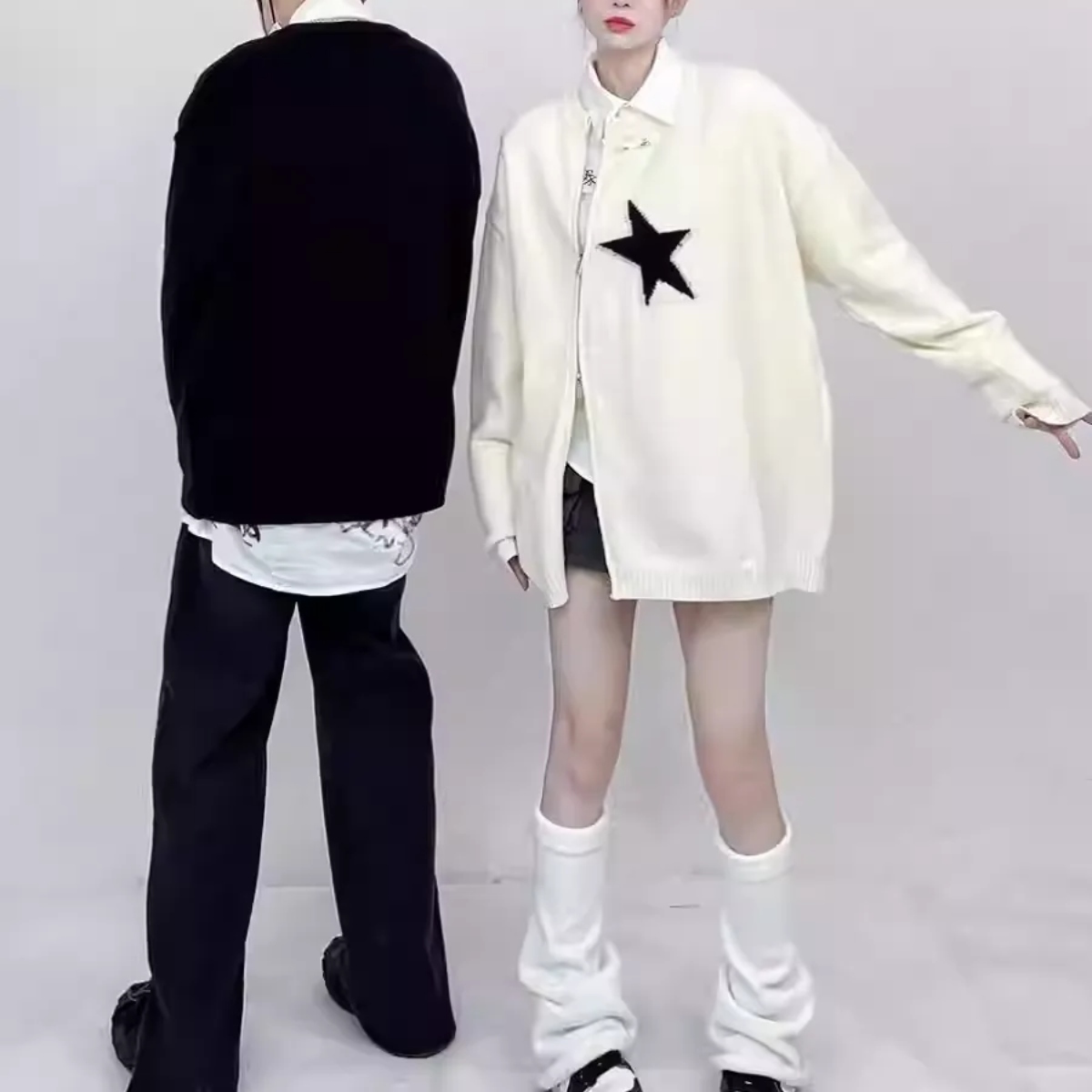 カップルペアルック アシンメトリー スターニットカーディガン ユニセックス
