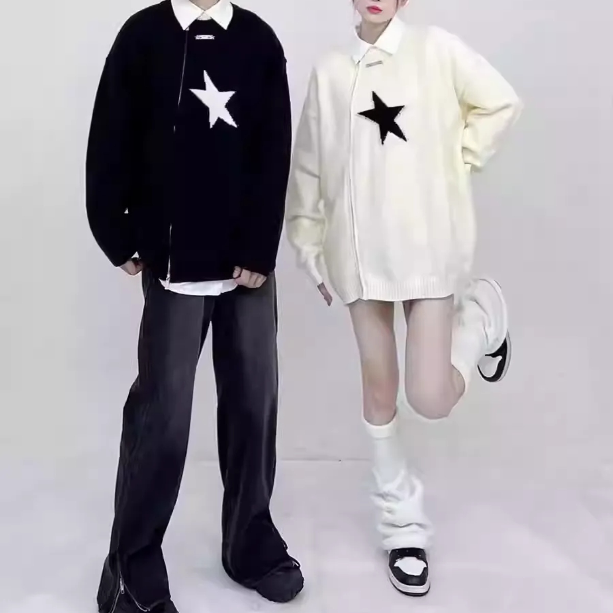 カップルペアルック アシンメトリー スターニットカーディガン ユニセックス