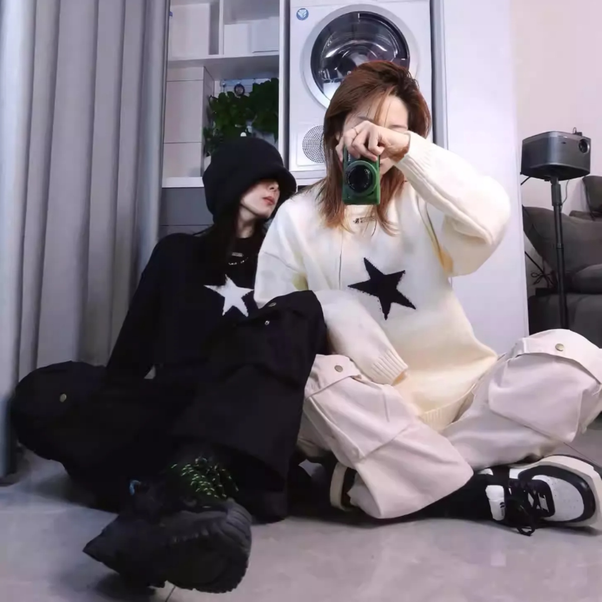 カップルペアルック アシンメトリー スターニットカーディガン ユニセックス