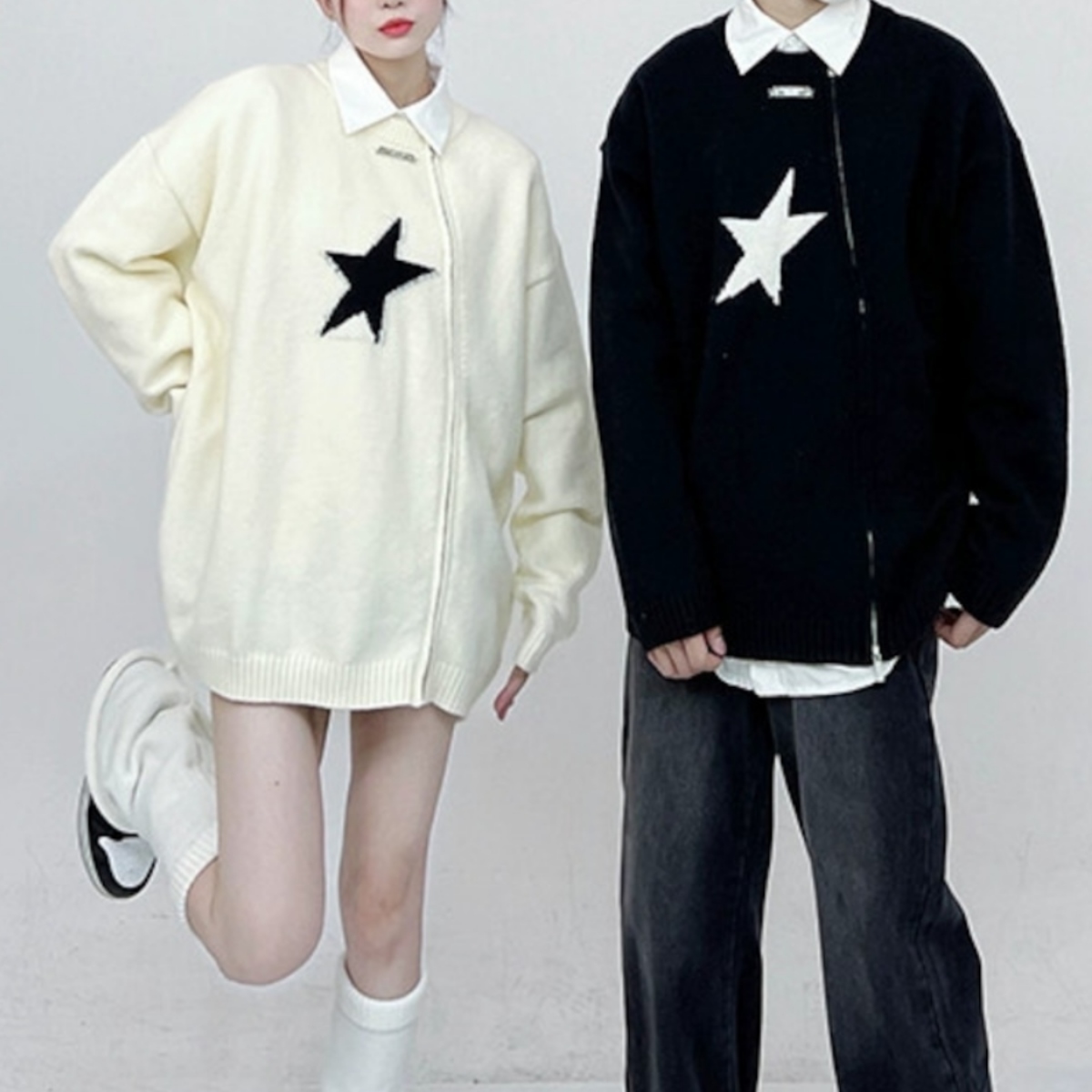 カップルペアルック アシンメトリー スターニットカーディガン ユニセックス