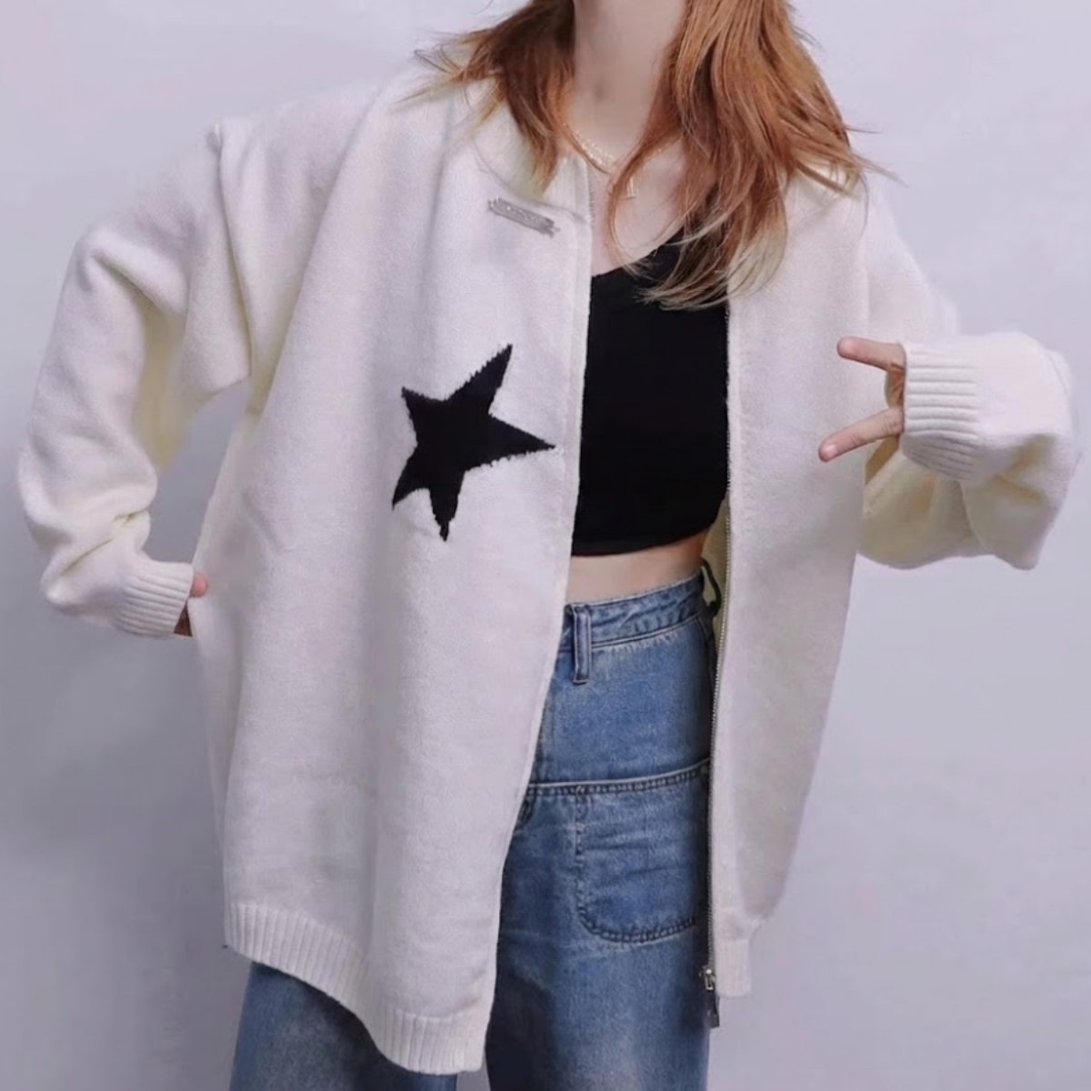 カップルペアルック アシンメトリー スターニットカーディガン ユニセックス