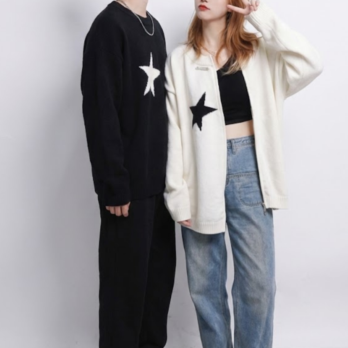 カップルペアルック アシンメトリー スターニットカーディガン ユニセックス