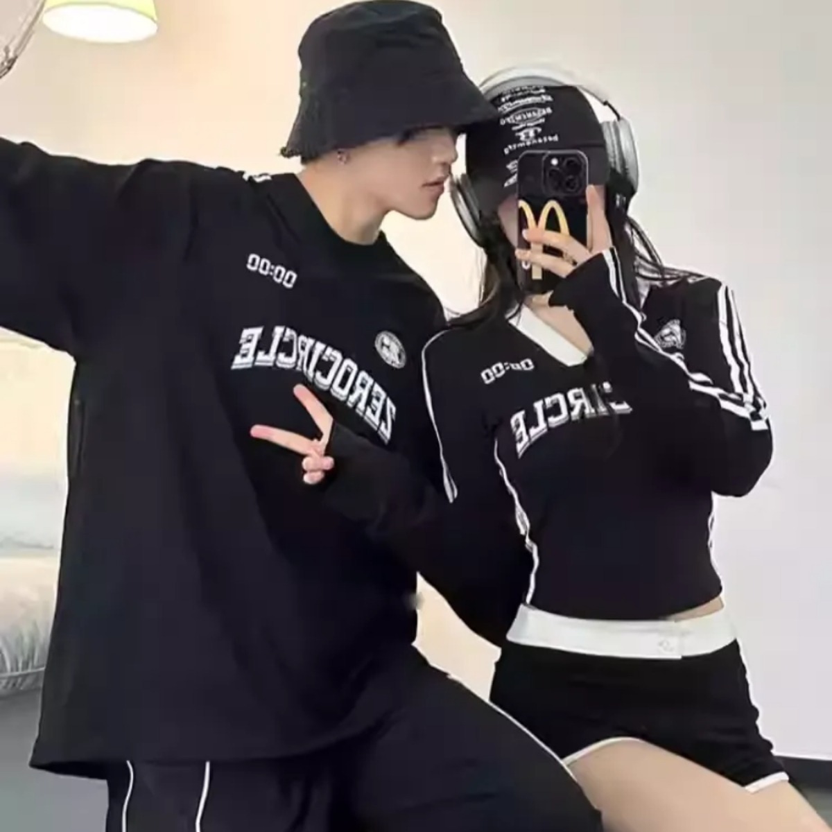 【2点セット】カップルペアルック タイムリンクライン 長袖Tシャツ 