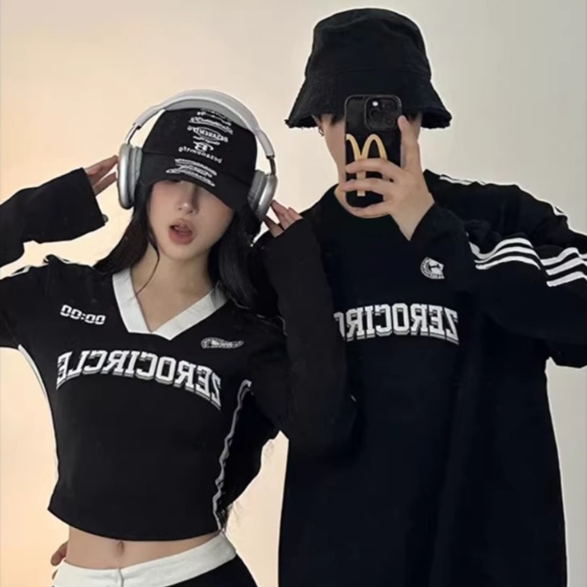 【2点セット】カップルペアルック タイムリンクライン 長袖Tシャツ 