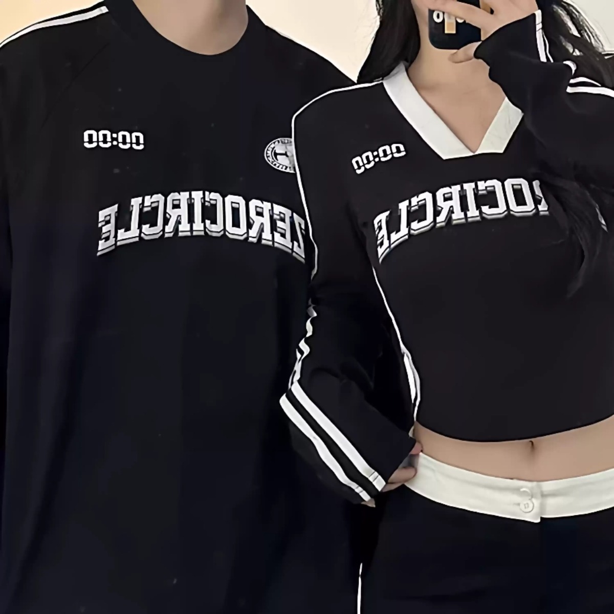 【2点セット】カップルペアルック タイムリンクライン 長袖Tシャツ 