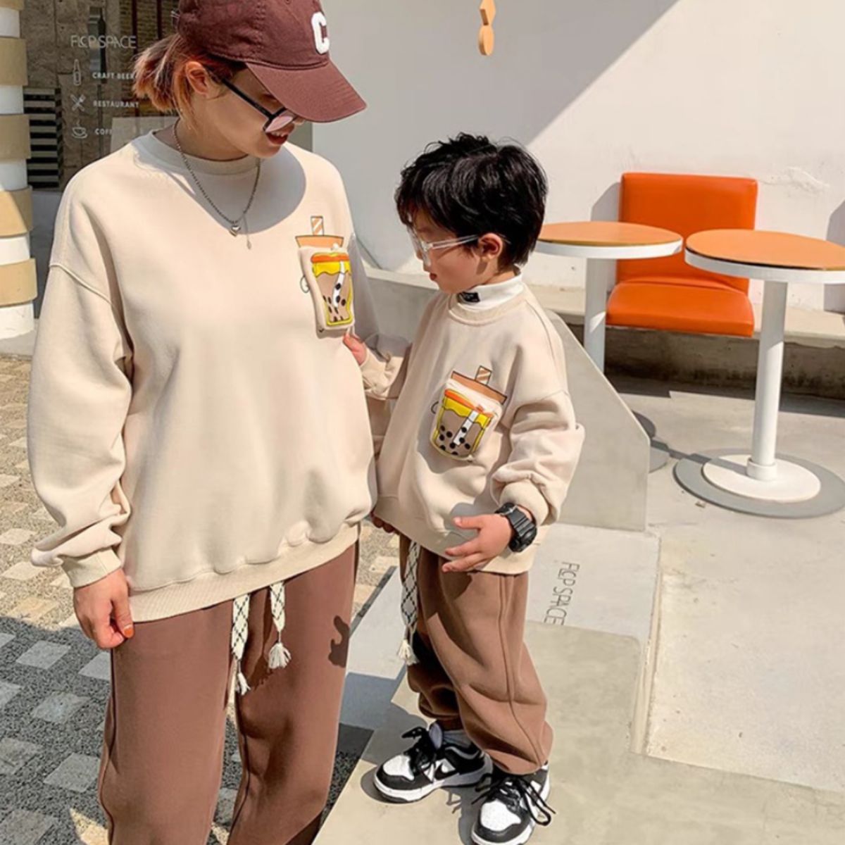 親子ペアルック タピオカミルクティー トレーナー・ロンパース